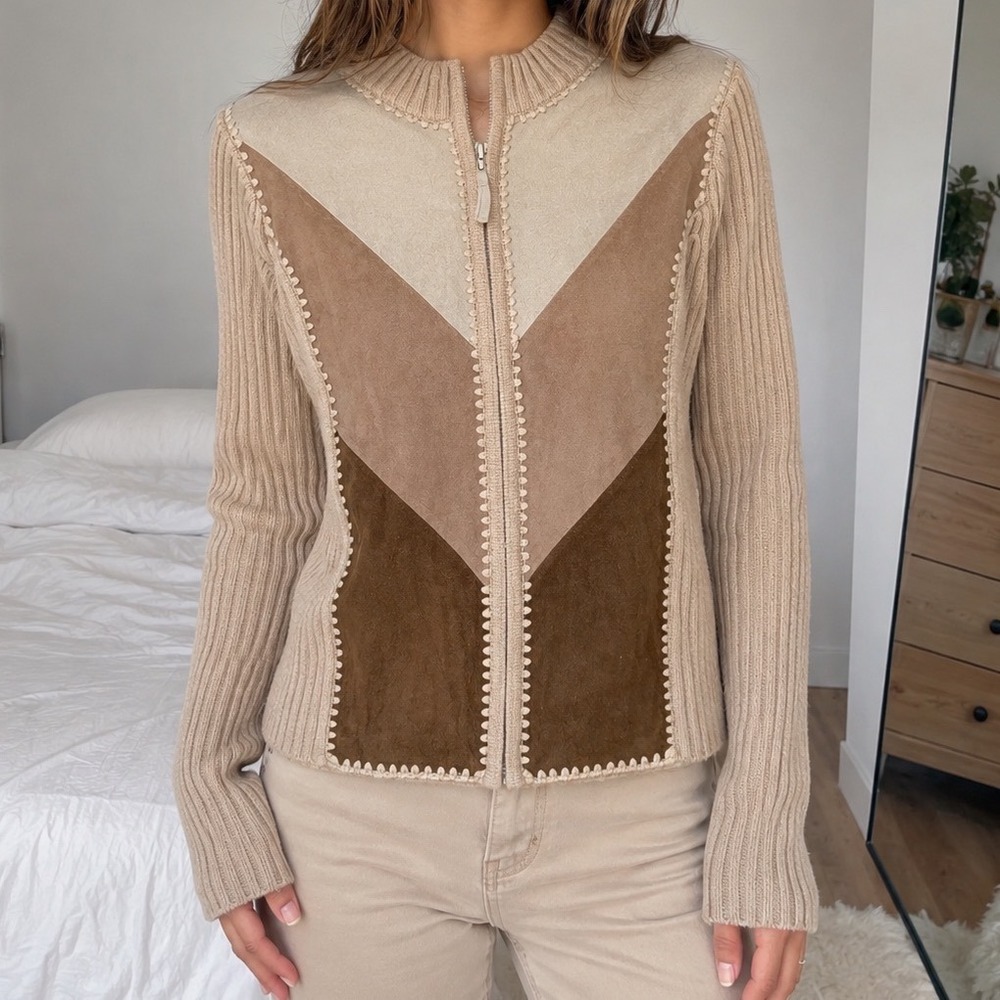 Vintage Leather Patchwork Zip Sweater Tan Small Y2K western cowgirl country